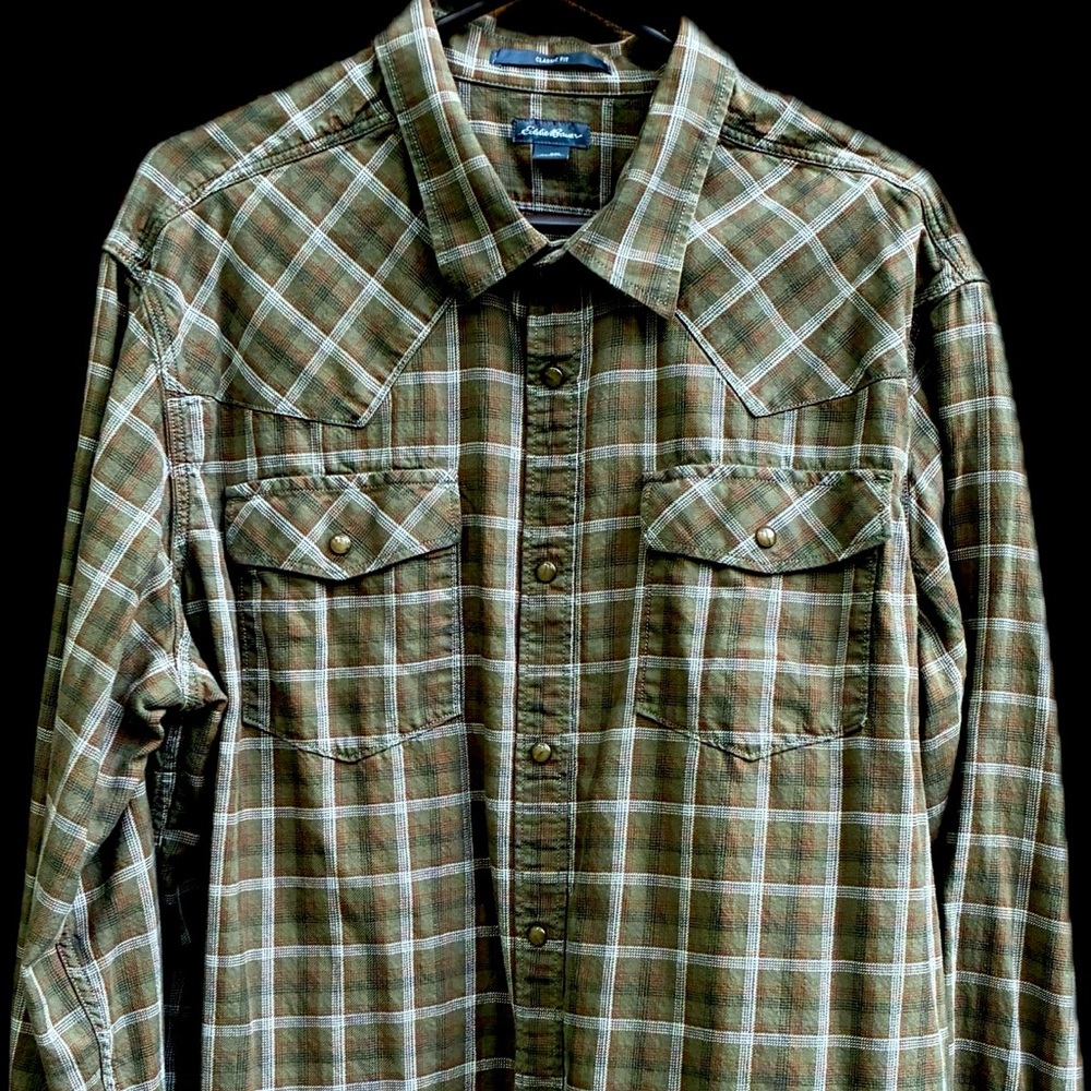 Eddie Bauer Mens Green and Brown Plaid Shirt